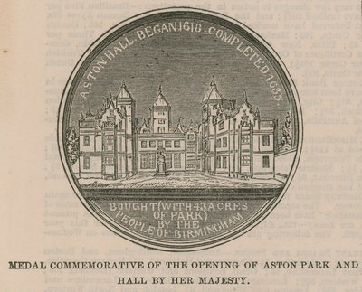 Medalha comemorativa da abertura do Aston Park e Hall por Sua Majestade de English School