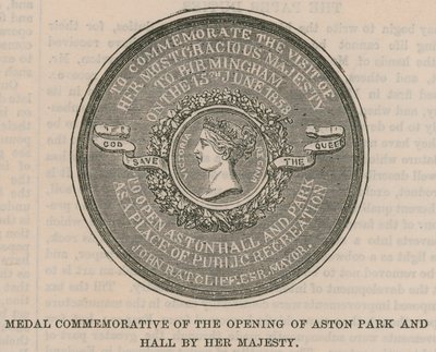 Medalha comemorativa da abertura do Aston Park e Hall por Sua Majestade de English School