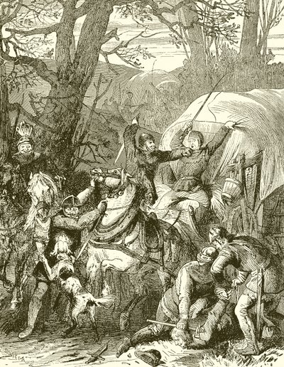 Alfândega Medieval. Cavaleiros do ladrão que atacam uma caravana mercante de English School