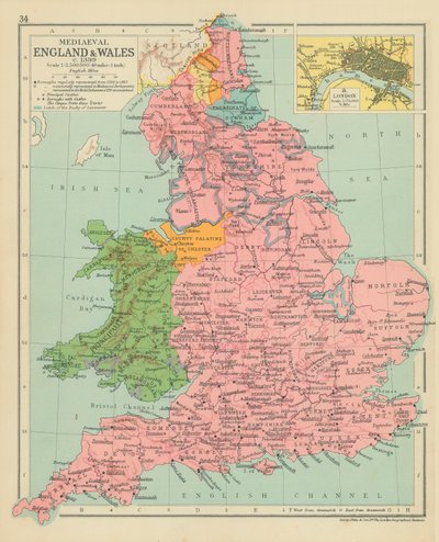 Inglaterra e País de Gales medievais c 1399 (litografia a cores) de English School