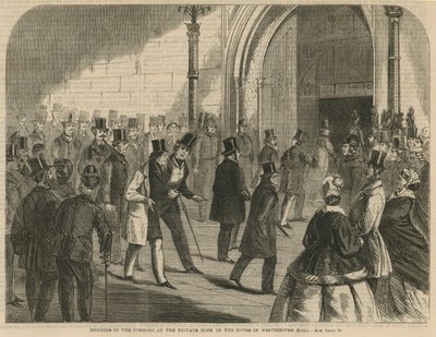 Membros do Commons na porta privada da casa em Westminster Hall de English School