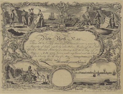 Certificado de sócio da New York Marine Society, 1773 de English School