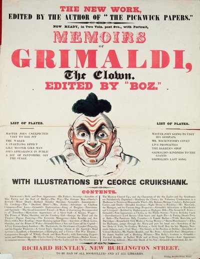 Memórias de Grimaldi, o palhaço, com ilustrações de George Cruikshank, 1888 litho) de English School