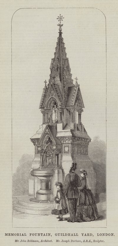 Memorial Fountain, Guildhall Yard, Londres, Sr. John Robinson, Arquitecto, Sr. Joseph Durham, ARA, Escultor (gravura) de English School