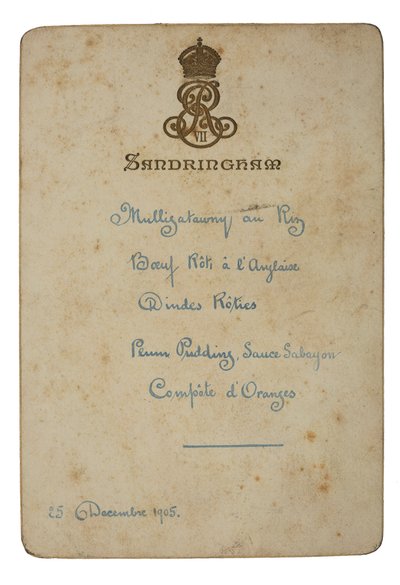 Menu para o dia de Natal em Sandringham de English School