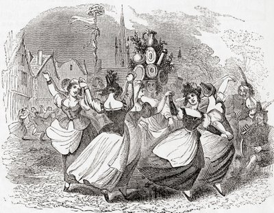 Dança da leiteira, com uma pilha de pratos, Dia de maio, Inglaterra, de Old England: A Pictorial Museum, pub. 1847 de English School