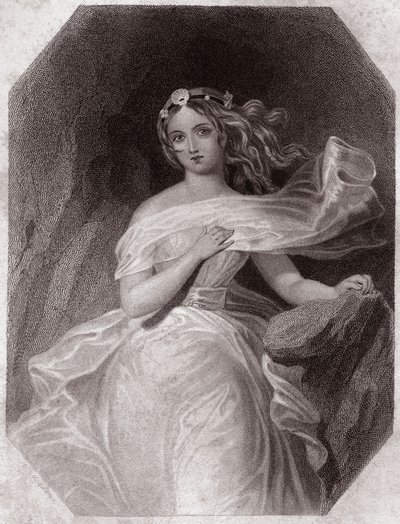 Miranda (The Tempest - La Tempete) em - "Galerie des femmes de Shakespeare, coleção de quarenta e cinco retratos sérios dos primeiros artistas de Londres, enriquecidos por avisos críticos e literários" por volta de 1838 - da "Galeria das mulheres de Shakes de English School