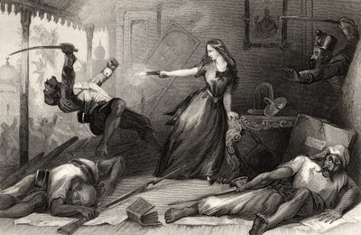 Miss Wheeler defendendo-se contra os Sepoys em Cawnpore em 1857, de "A História do Motim Indiano", publicada em 1858 (gravura) de English School
