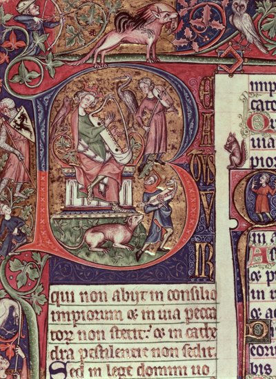 MMS 9961-2 Historiated Inicial B do Saltério de Peterborough representando o Rei David tocando harpa, Inglês, (c.1310-20) de English School