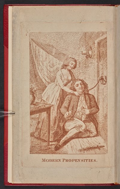 Capa do panfleto "Modern Propensities" de 1791, com Susannah Hill e Frantisek Kotzwara (gravura) de English School