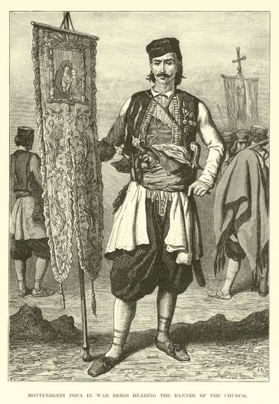 Popa montenegrina em vestido de guerra com a bandeira da Igreja de English School