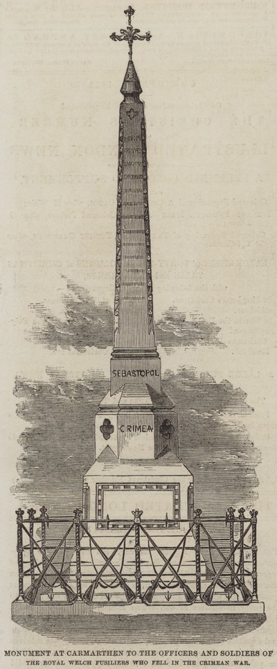 Monumento em Carmarthen aos Oficiais e Soldados dos Royal Welch Fusiliers que caíram na Guerra da Crimeia (gravura) de English School