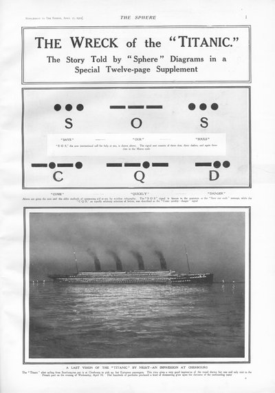 Sinais do código Morse e ilustração do navio a vapor atracado em Cherbourg à noite, da The Sphere, 27 de abril de 1912 de English School