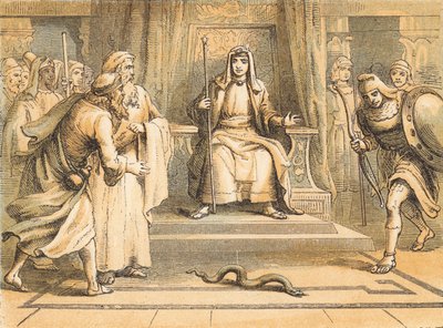 Moisés e Arão perante o faraó (gravura colorida) de English School