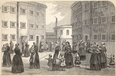Mães, com suas crianças, exercitando-se na prisão dos campos de Tothill, ilustração das prisões criminosas de Londres e cenas da vida da prisão por Henry Mayhew e por John Binny, bar. 1862 de English School
