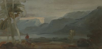 Paisagem montanhosa com figuras e gado, anteriormente atribuída a JMW Turner (1775-1851) e também atribuída a Pedro de Wint (1784-1849), 1806-07 (óleo sobre papel) de English School