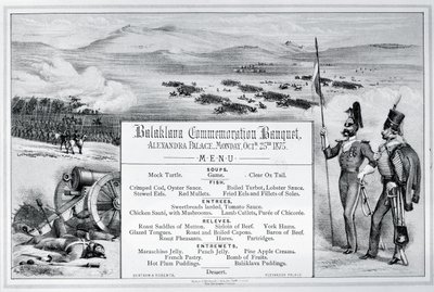 Menu ilustrado montado para o Banquete de Comemoração de Balaklava realizado no Palácio de Alexandra, 25 de Outubro de 1875 (gravura) de English School