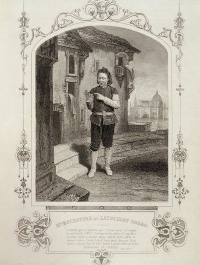 Sr. Buckstone como Lancelot Gobbo, Ato II Cena 2, em O Mercador de Veneza por William Shakespeare (1564-1616) de English School