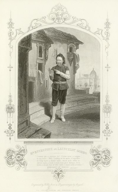 O Sr. Buckstone como Lancelot Gobbo, O Mercador de Veneza de English School