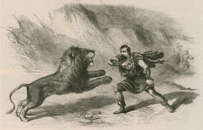 Sr. Crockett, o domador de leões, se apresentando com seus leões no Astleys Theatre, em Londres de English School