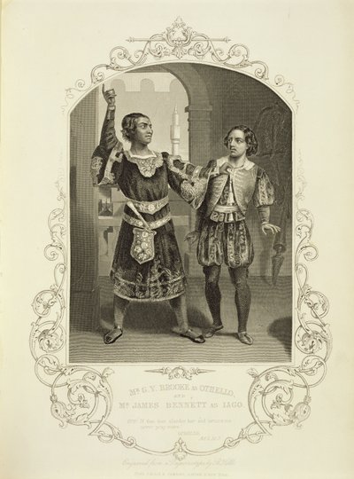 Sr. GV Brooke como Otelo e James Bennett como Iago, Ato III Cena 3, em Othello por William Shakespeare (1564-1616) de English School