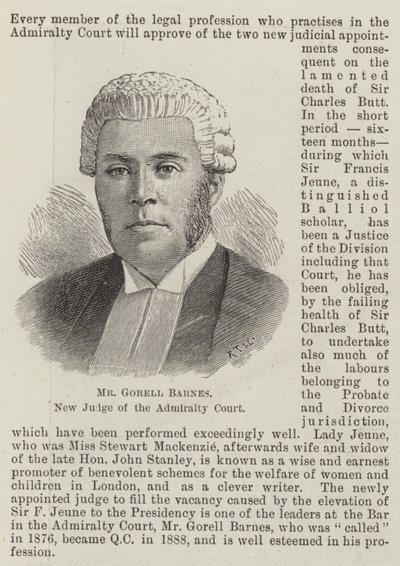 Sr. Gorell Barnes, Novo Juiz do Tribunal do Almirantado (gravura) de English School
