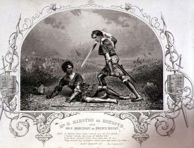 Sr. H. Marston como Hotspur e Sr. F. Robinson como Príncipe Henry, Acto V Cena 4 de Henry IV (Parte I) de um daguerrotype por Paine of Islington, pub. por John Tallis & Co. (litho) de English School