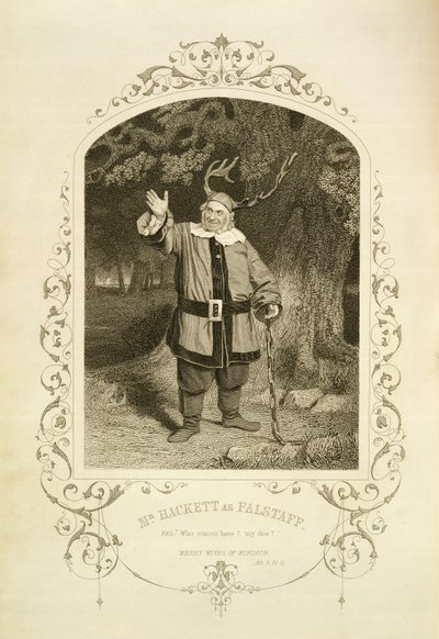 Hackett como Falstaff, Act V Cena 5, em As Merry Wives of Windsor por William Shakespeare (1564-1616) gravado por George Hollis (1792-1842) a partir de um daguerreótipo de JP Mayall (1810-1901) (gravura de English School