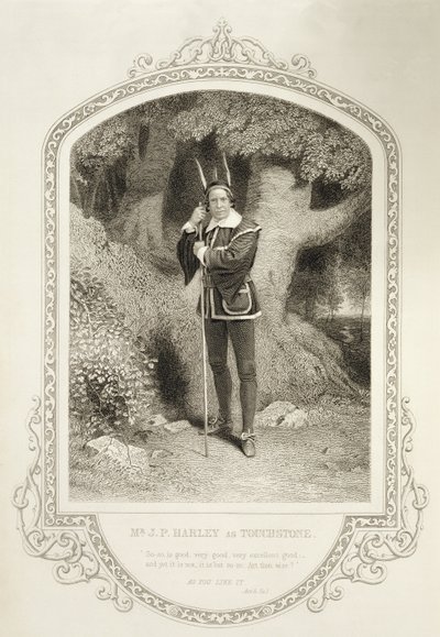 Mr JP Harley como Touchstone, Act V Cena 1, em Como Você Gosta de William Shakespeare (1564-1616) gravado por George Hollis (1792-1842) de um daguerreótipo de JP Mayall (1810-1901) de English School