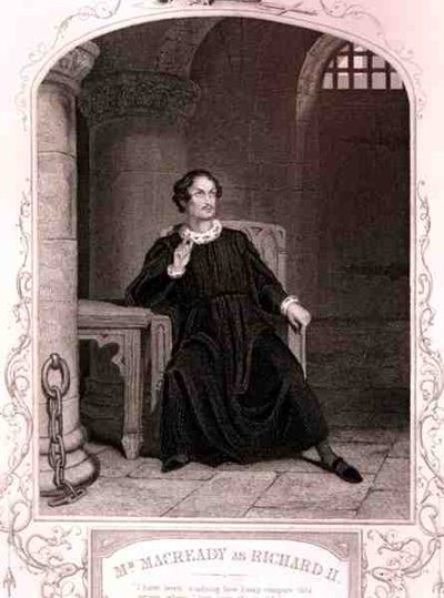 Sr. Macready como Richard II, Acto V Cena 5, na peça de William Shakespeare (1564-1616) gravada por J. Rogers (gravura) de English School