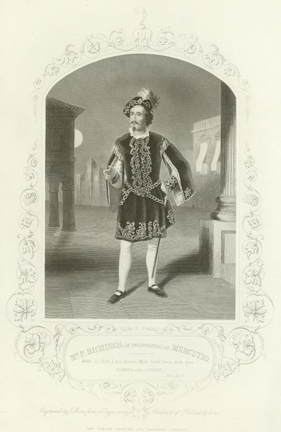 Sr. P Richings (da Filadélfia) como Mercutio, Romeu e Julieta, Ato I, Cena IV de English School