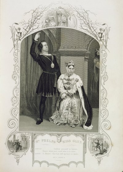 Sr. Phelps como Hamlet e Miss Glyn como Rainha Gertrude, Ato III Cena 4, em Hamlet por William Shakespeare (1564-1616) de English School