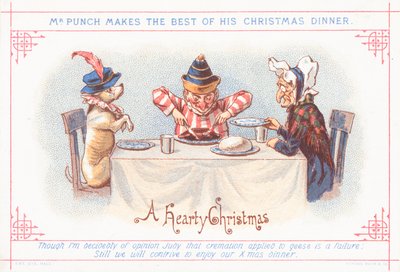 Mr Punch sentando-se para o jantar de Natal, cartão de Natal de English School