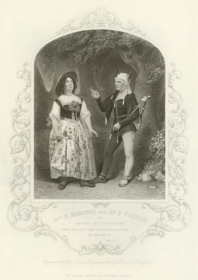 Sra. H Marston e F Younge como Audrey e Touchstone, como você gosta, Act V, cena iv de English School