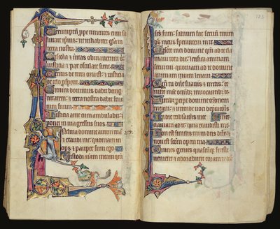 Ms 1-2005, ff.122v-123r: Decoração marginal grotesca do Saltério de Macclesfield, Uso de Sarum, East Anglia, c.1330 de English School