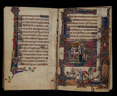 Sra. 1-2005, ff.57v-58r: Saul enviando Doeg para matar os Sacerdotes de Nob, inicial histórica do Psalter Macclesfield, Uso de Sarum, East Anglia, c.1330 (vellum) de English School