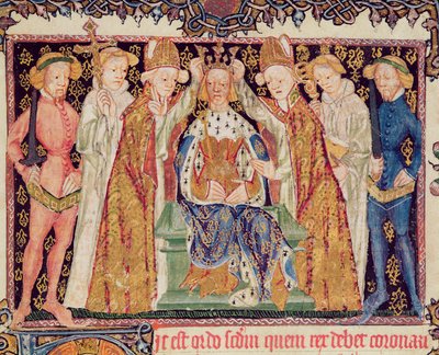 Ms 197 f.3r Coroação de um rei, de Liber Regalis de English School