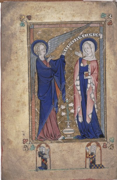 Ms 242 Folio 2v, Anunciação à Virgem, das Horas Grey-Fitzpayne de English School