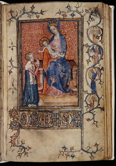 Sra. 48, f.86r: O proprietário do manuscrito orando à Virgem e ao Menino, da Hora de Carew-Poyntz, Uso de Sarum, c.1390-1400 (vellum) de English School