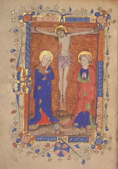 Ms 515 fol.108r Crucificação com Santa Maria e São João Batista, do Missal de São Botolph Aldersgate, c.1420-30 de English School