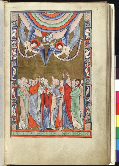 Ms Hunter 229 f.14r The Ascension, do Hunterian Psalter, c.1170 (caneta & tinta e têmpera sobre o vellum) de English School