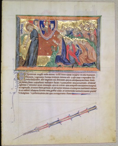 Sra. LA 139-Lisboa fol.28 O 7º anjo sopra a sua trombeta e os 24 Anciões a adorar a Deus, do Apocalipse Gulbenkian, c.1265-70 de English School