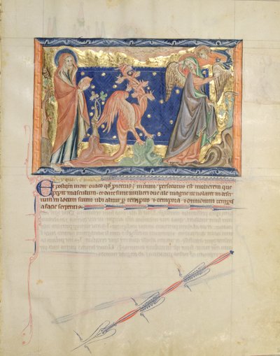 Sra. LA 139-Lisboa fol.31 São João vendo um anjo ajudar a mulher a escapar do dragão vermelho, do Apocalipse Gulbenkian, c.1265-70 de English School