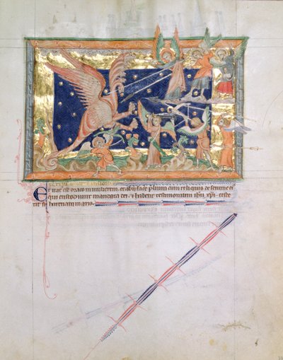 Sra. LA 139-Lisboa fol.33 O dragão em guerra com os fiéis, do Apocalipse Gulbenkian, c.1265-70 de English School