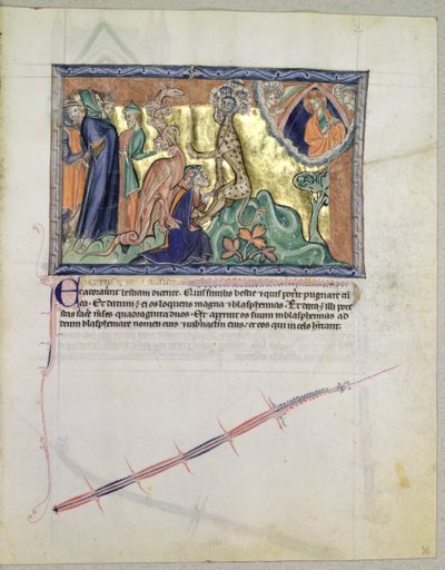 Desconhecida LA 139-Lisboa fol.36 O Senhor que vigia as pessoas cultua a besta do mar na presença do dragão vermelho, do Apocalipse Gulbenkian, c.1265-70 de English School