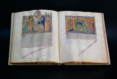 Sra. LA 139-Lisboa fol.37v-38 A besta blasfemando nome de Deus, e as pessoas adorando a 3ª e 2ª bestas, do Apocalipse Gulbenkian, c.1265-70 de English School