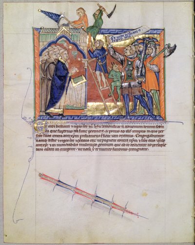 Sra LA 139-Lisboa fol.66 O Divino Guerreiro liderando um exército contra os que atacam os fiéis, do Apocalipse Gulbenkian, c.1265-70 de English School