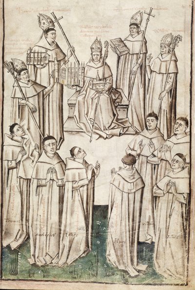 Ms. New Coll 288, f4r. (Manuscrito de Chaundler), Life of William of Wykeham por Thomas Chaundler (caneta e tinta e têmpera sobre velino) de English School