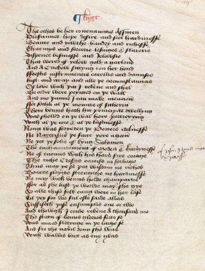 Ms. New Coll 314, f19r, Os Contos de Canterbury por Geoffrey Chaucer (caneta e tinta sobre velino) de English School