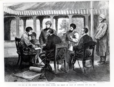 Muhammad Yaqub Khan (1849-1923) assinando o Tratado de Paz em Gundamak no dia 26 de maio de 1879 de English School